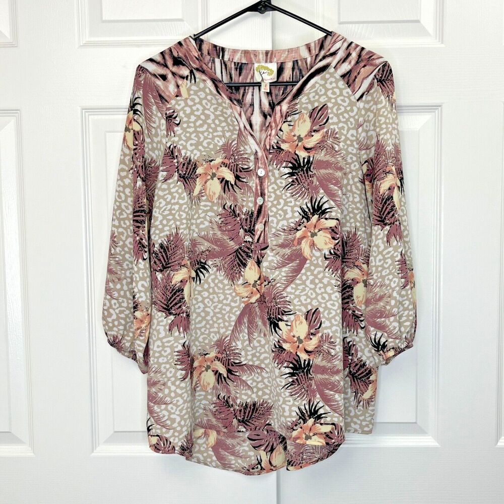 Fig & Flower Anthropologie Blouse Women's Large Button V-Neck 3/4 Sleeve Top